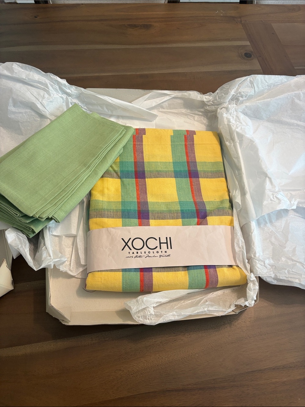 Yellow Plaid Tablecloth with Multicolor Stripes with 6 green cloth napkins